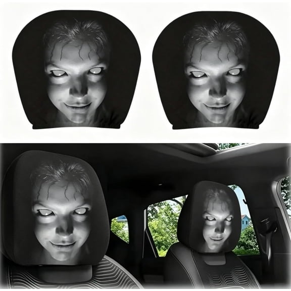Scary Ghost Face Headrest Covers for Cars, 2PCS Creepy Headrest Covers for Auto, Truck, Vehicle, SUV, Washable Elastic Fabric Spooky Headrest Covers, Interior Accessories (Style D)