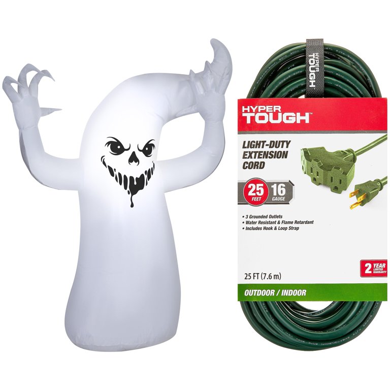 Scary Ghost Yard Inflatable + Hyper Tough 25FT Tri-Outlet Outdoor