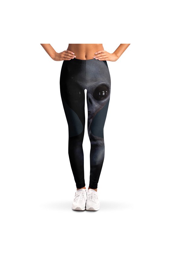 Scary Grey Alien 3D Print Leggings, Funny Sexy Yoga Leggings For Women.