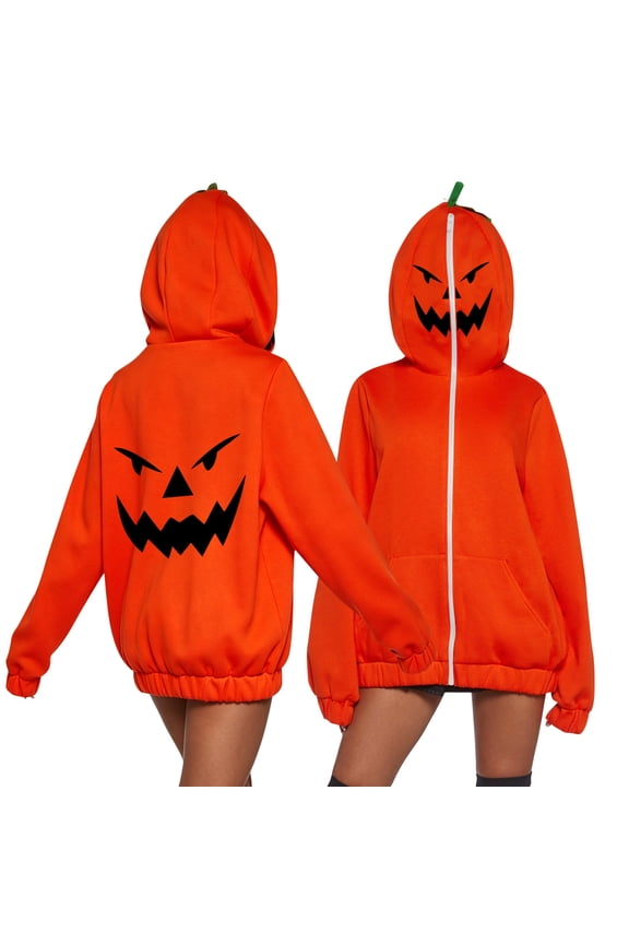 Scary Grin Zip Up Coat, Lightweight Pumpkin Face Full Zip Hooded Jacket, 3D Pumpkin Stem Oversized Halloween Sweatshirt, Big Jagged Sharp Fangs Spooky Face Holiday Loungewear, Orange S
