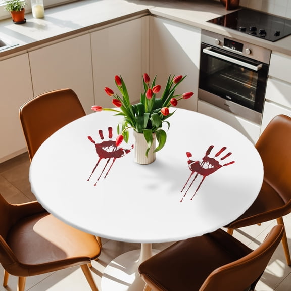 Scary Halloween Blood Handprint Round Fitted Tablecloth with Elastic Edge,Waterproof Table Cloth Fits 36"-44" Table,Wipeable Washable Table Cover for Indoor Outdoor Dinning Party,Dark Red and White
