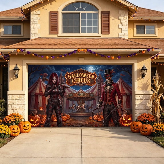 Scary Halloween Circus Character Show Garage Door Cover Large Backdrop for Home Exterior Halloween Festival Decor