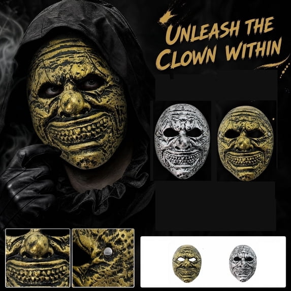 Scary Halloween Clown Mask Hard Plastic Embossed Gold Face Smooth Edges 9.45 X 7.87 Inch, Dress Up for Trick Or Treat and Haunted House Scare, Adult Unisex Mask Creepy Horror Look