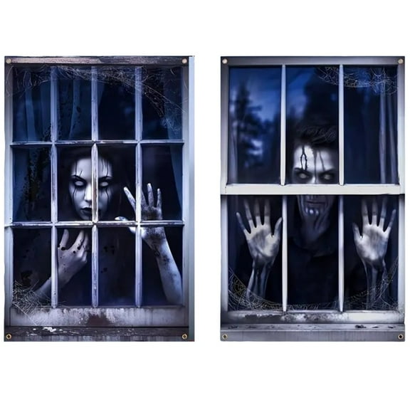 Scary Halloween Curtain Window Silhouette Cover Decoration Halloween Theme Poster for Indoor Outdoor Party Wall Window Door Decor