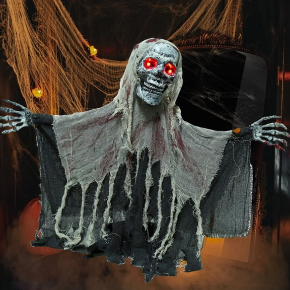 Scary Halloween Decorations Outdoor, Animatronic Halloween Decorations, Halloween Skeleton Decorations with Sound Activated Light Up and Motion Function for Halloween Party,