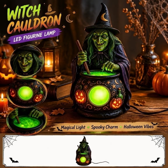 Scary Halloween Decorations, Resin Spooky Green Witch with Lit Cauldron and Jack O Lantern Details, for Halloween House Decor Dining Table Mantel Accent Styling, Themed Halloween