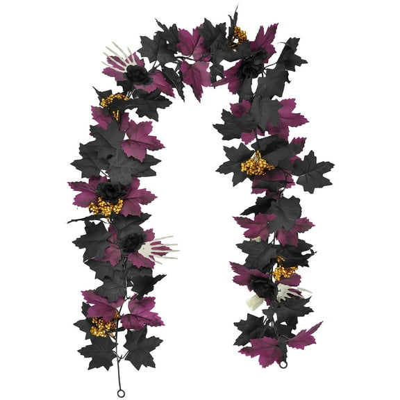 Scary Halloween Garland with Black Maple Leaf Vine & Purple Flowers - Fall Decor for Porch, Door, Party - Realistic, Reusable, Multicolor