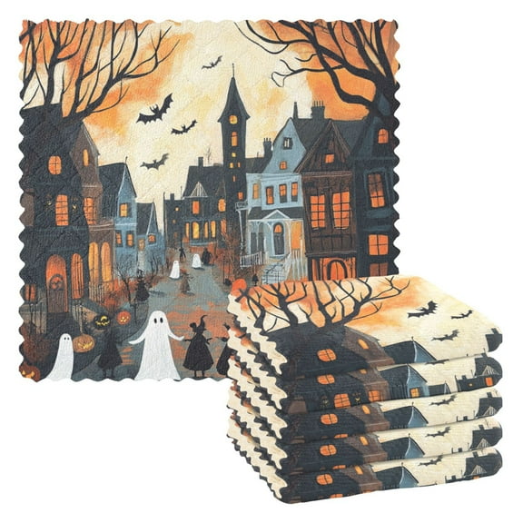 Scary Halloween Ghost 6 Pack Kitchen Cleaning Cloths 11'' x 11'', Super Absorbent, Soft Double Layer Plush for Dish and Surface Cleaning