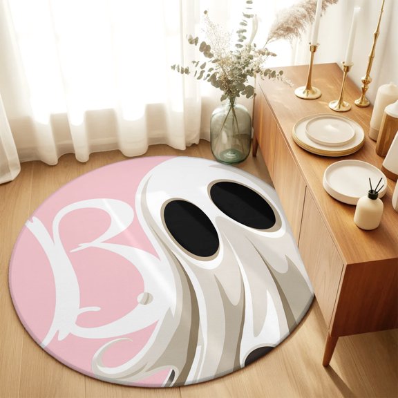 Scary Halloween Ghost Round Area Rug 3ft,Living Room Rug Non-Slip Washable Circle Rugs Pad,Boo White Pink Soft Floor Carpet for Bedroom Dining Room