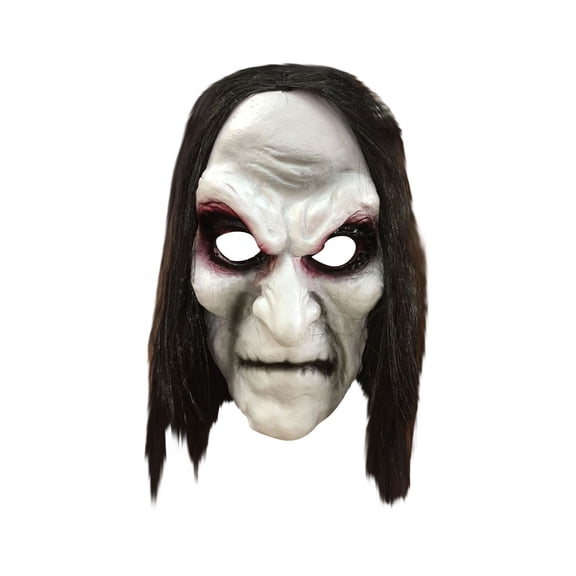 Scary Halloween Ghoul Mask Creepy Pale Face Long Black Hair Plastic Full Face for Adult Cosplay