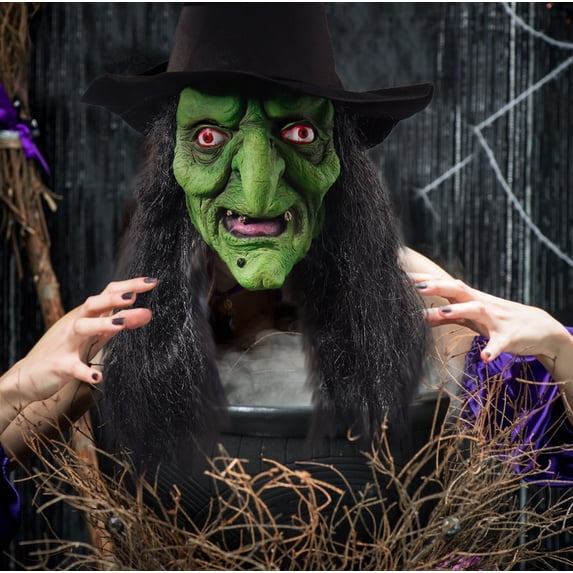 Scary Halloween Mask Green Witch Full Face Cover with Attached Black Witch Hat, Halloween Accessory for Spooky Halloween Decor, 1 Pack for Halloween Party and Haunted House Setup