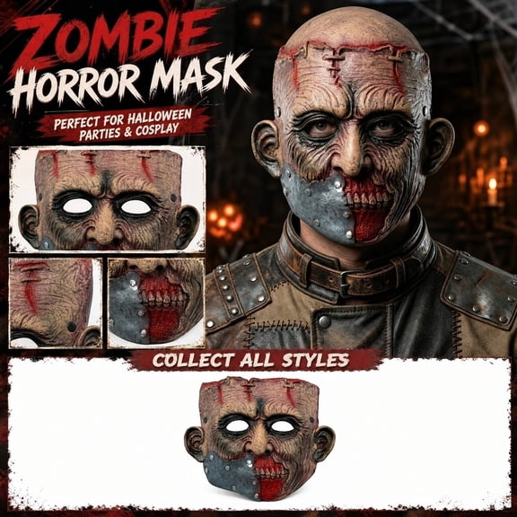 Scary Halloween Mask, Latex Mask for Adults, Half Mask with Metal Plate and Black Buttons, Creepy Mask for Halloween Party Supplies, Adult Halloween Party Favors, Mask for