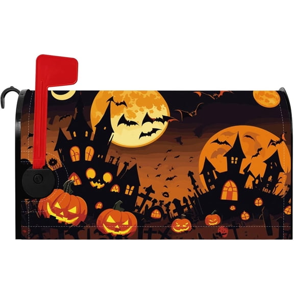 Scary Halloween Night Mailbox Cover Spooky Full Moon Gothic Castle Evil Pumpkin Bats Magnetic Mailbox Covers Horror Mail Box Wraps Post Letter Box Cover Standard Size 21x18 Inch for Yard