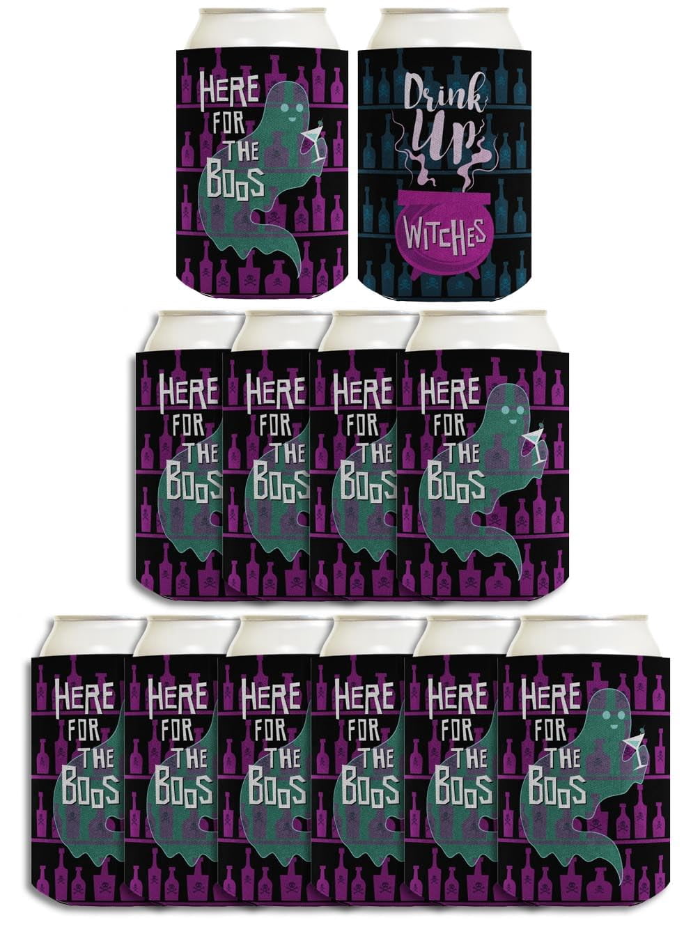 Scary Halloween Party Supplies Drink Up Witches Here For The Boos 2 Sided 12-Pack Can Coolers Coolies