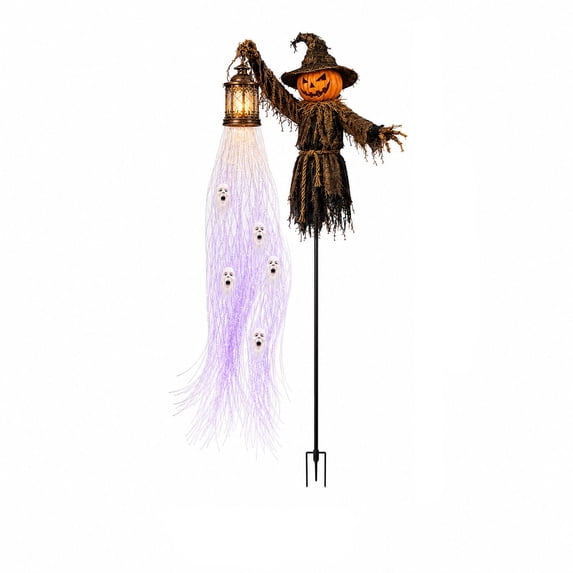 Scary Halloween Scarecrow Ghost Stake Light with Glowing Lantern and Purple Orange Led Lights, Single Pack Large, Purple and Orange, for Front Yard and Lawn, Outdoor Halloween