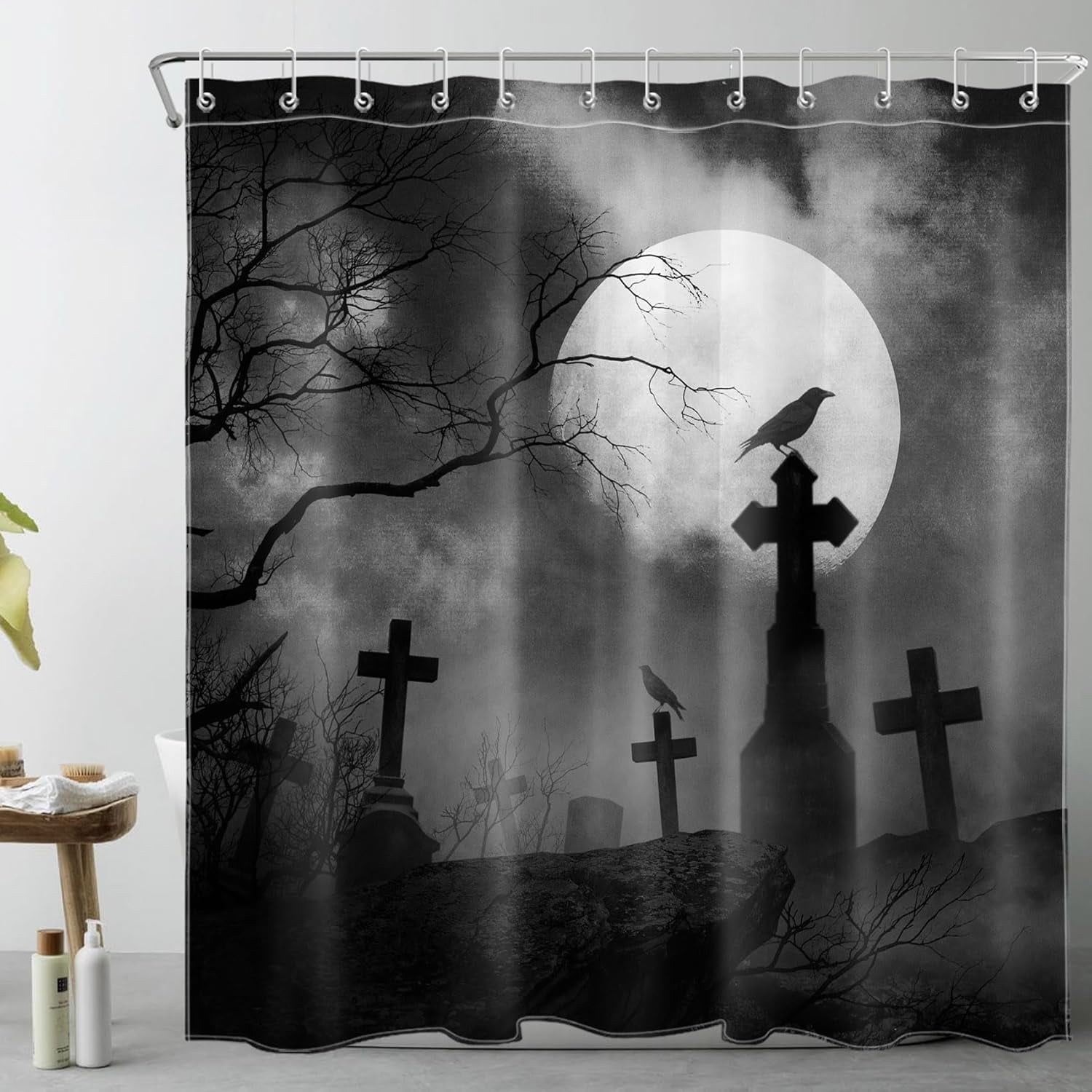 Halloween Night Shower Curtain - Ghost Haunted House Moon Design, 72x72 Inches, Polyester Fabric