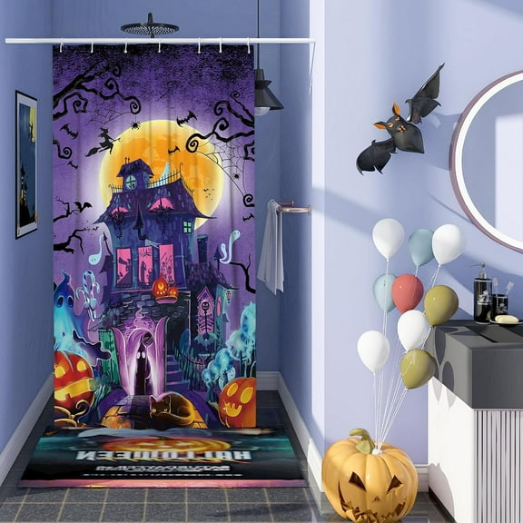 Scary Halloween Shower Curtain Set Waterproof Fabric-36" x 72", Spooky Castle Halloween Decor, Horror Halloween Bathroom Home Indoor Decorations, Halloween Party Gifts Supplies