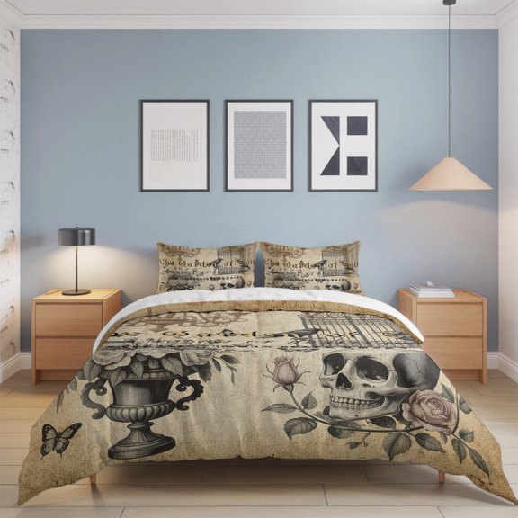 Scary Halloween Skull Crow Rose King Size Bed Set,Garden of Evil Retro Brown Bedding for All Seasons,4 Pcs Bed Set with 1 Quiltcover (104"x90"),1 Sheet (108"x98"),2 Pillowcases (20"x36")
