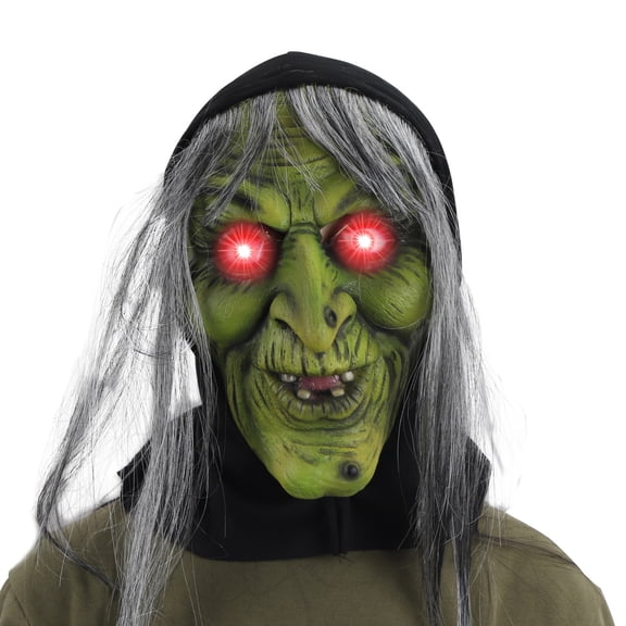 Scary Halloween Witch Mask LED Light Up Glowing Eyes Creepy Hooded Latex Costume Adult Cosplay