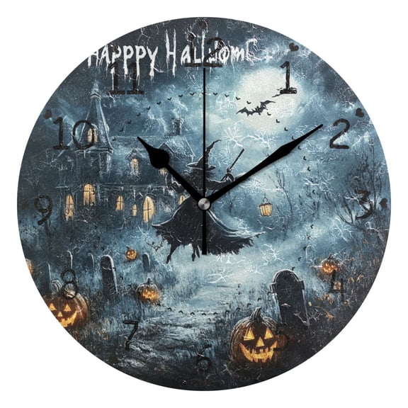 Scary Haunted House Round Wall Clock Silent Battery Operated Home Decor for Living Room Bedroom