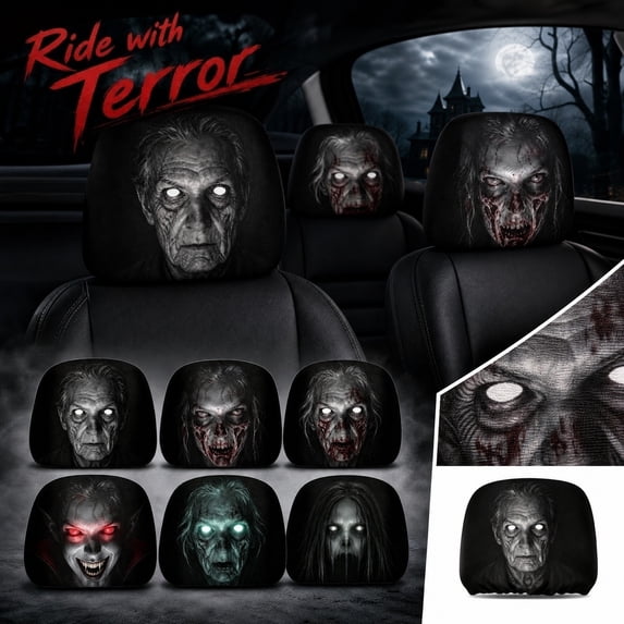 Scary Seat Headrest Cover for Cars, Elder Horror Face Print with Universal Fit, Halloween Car Decor for Front and Rear Seats