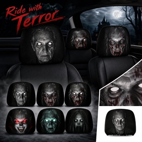 Scary Seat Headrest Cover for Cars, Long Haired Ghost Face Print with Universal Fit, Halloween Car Decor for Front and Rear Seats