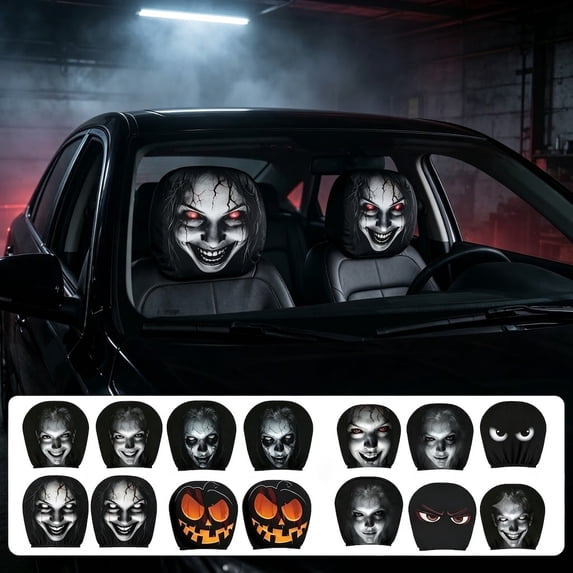 Scary Headrest Covers for Cars 2 Pcs, Spooky Funny Face Printed | Scary Face Printing Auto Seat Universal Elastic Models Headrest Protector,Headrest Covers for Cars for Halloween Decoration