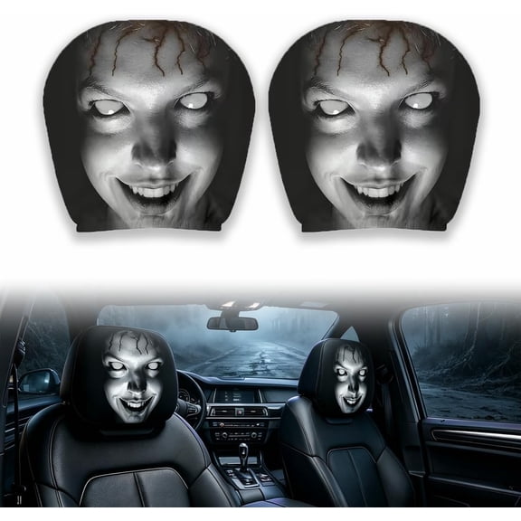 Scary Headrest Covers for Cars,Creative Scary Face Printing Design, Soft Stretch Polyester, Breathable Universal Fit, Halloween Car Decor, 2 Pack