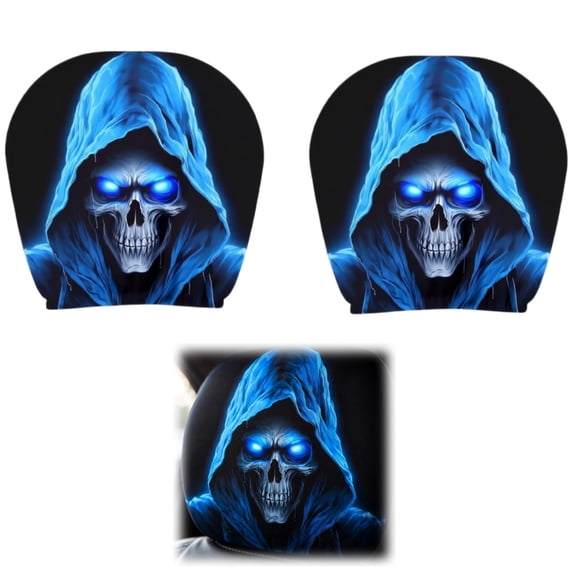 Scary Headrest Covers for Cars, 2 pcs Blue Skull Headrest Cover, Breathable Polyester Spooky Ghost Face Auto Seat Protector for Halloween Car Decorations