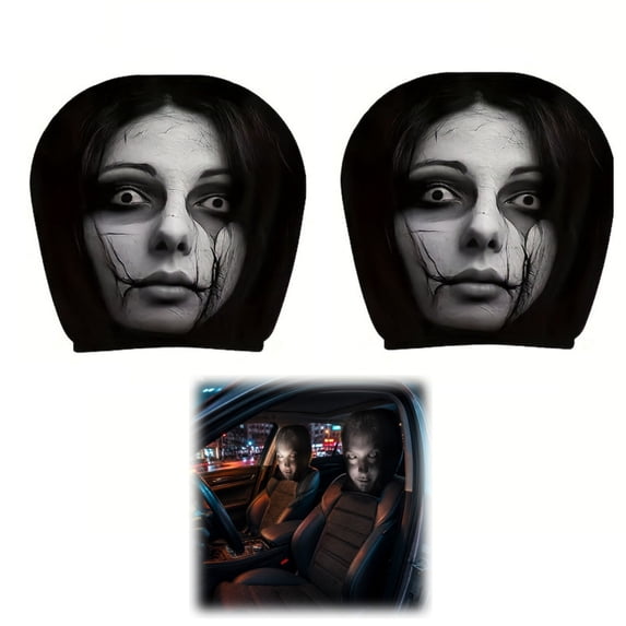 Scary Headrest Covers for Cars, 2 pcs Scary Face Headrest Cover, Breathable Polyester Spooky Ghost Face Auto Seat Protector for Halloween Car Decorations