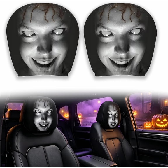 Scary Headrest Covers for Cars, Scary Face Printing, Soft Stretch Polyester Fabric, Universal Fit for Cars SUVs Trucks, Halloween Party Decoration, 2 Pcs