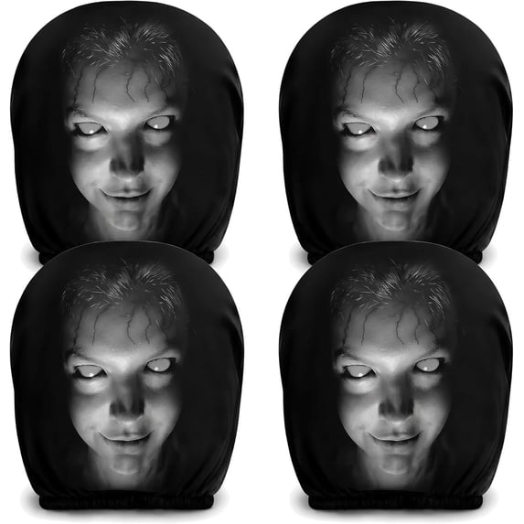 Scary Headrest Covers For Cars 4 Pack - Washable Stretch Fabric Spooky Ghost Design, Universal Seat Headrest Protector