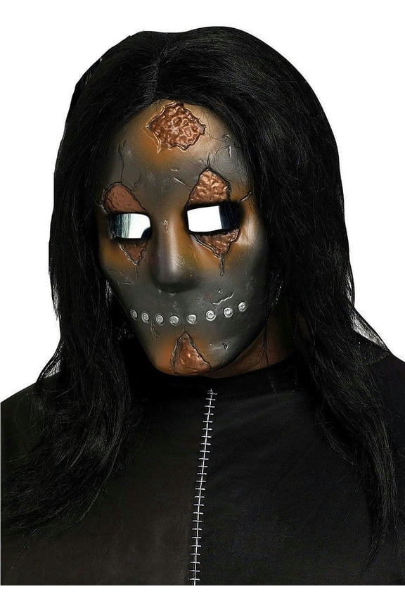 Metallic Freaky Rusted Cracked Industrial Look Face Mask with Black Long Hair