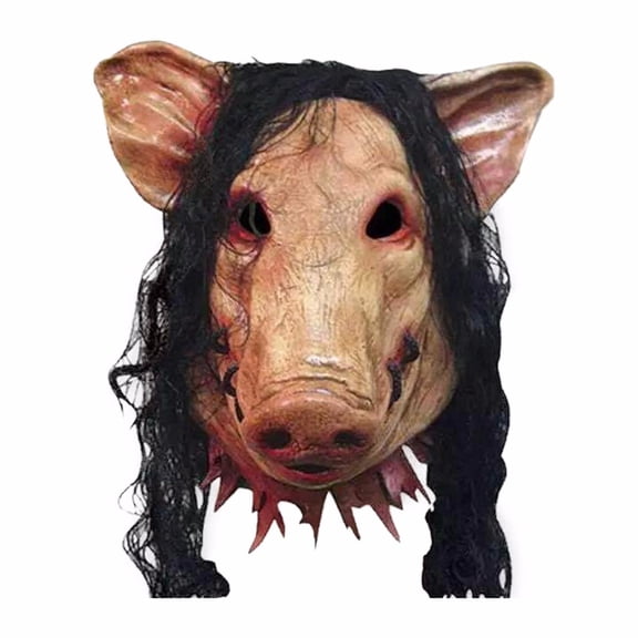 Scary Horror Pig Mask with Hair Bloody Animal Head Costume for Adult Halloween Cosplay Props