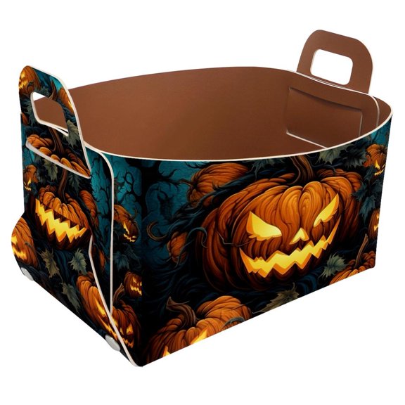 Scary Jack o 'Lantern Storage Basket Collapsible Storage Bin, PU Foldable Basket Convenient Box Storage Organizer with Handles for Shelves Office Bedroom Closet Nursery Toys Laundry