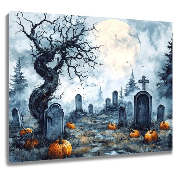 Scary Moon Cemetery Halloween Wall Art Print, Spooky Abstract Gothic Bathroom Decor