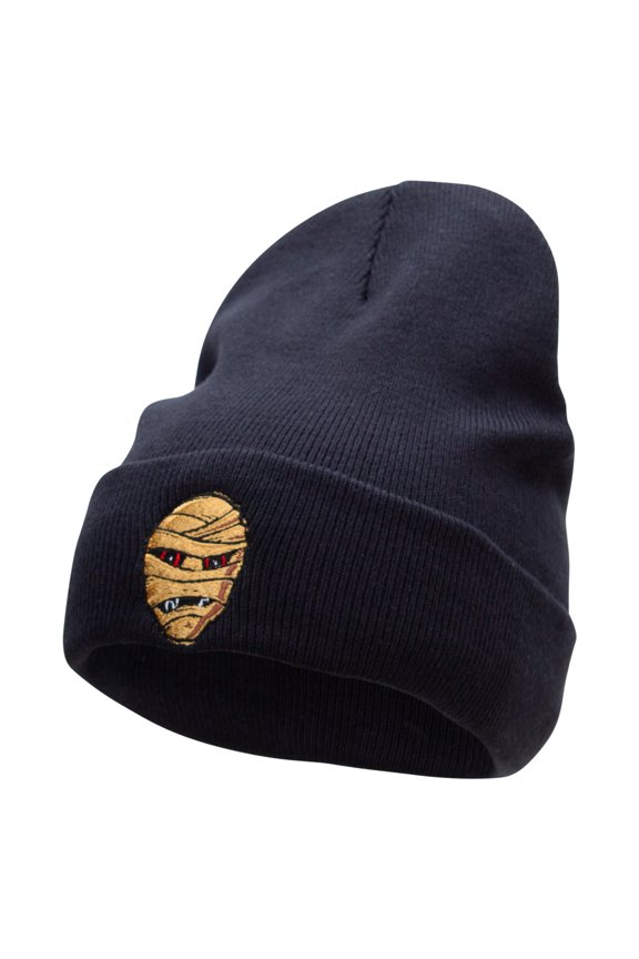 Scary Mummy Embroidered 12 Inch Long Knitted Beanie - Navy OSFM