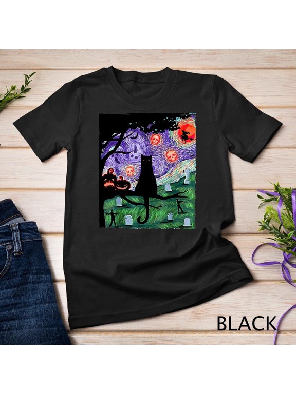 Scary Night Cat Van Gogh- Cat Black Halloween Pumpkin Art T-Shirt Unisex T-shirt