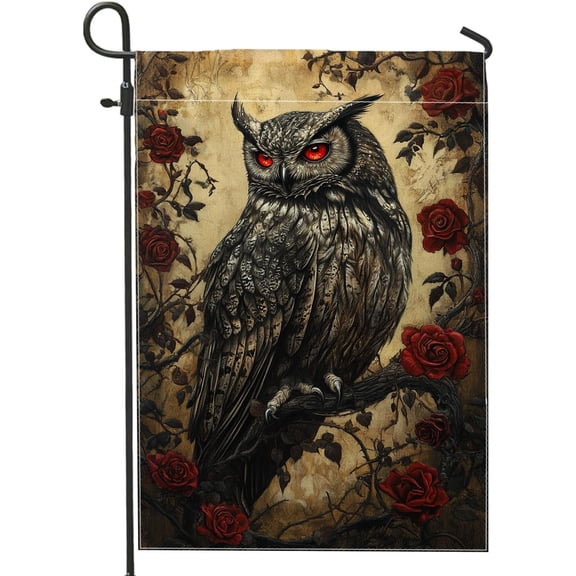 Scary Owl Garden Flag, Black and Red Gothic Owl Decor, Double Sided Burlap Outdoor Yard Banner, Halloween Lawn Decoration 12x18 Inch