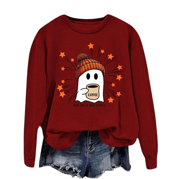 Scary Printed Womens Halloween Sweatshirt Oversized Cute Ghost Graphic Tee Pumpkin Fall Long Sleeve Pullover Soft Cozy Casual Holiday Party Wine L