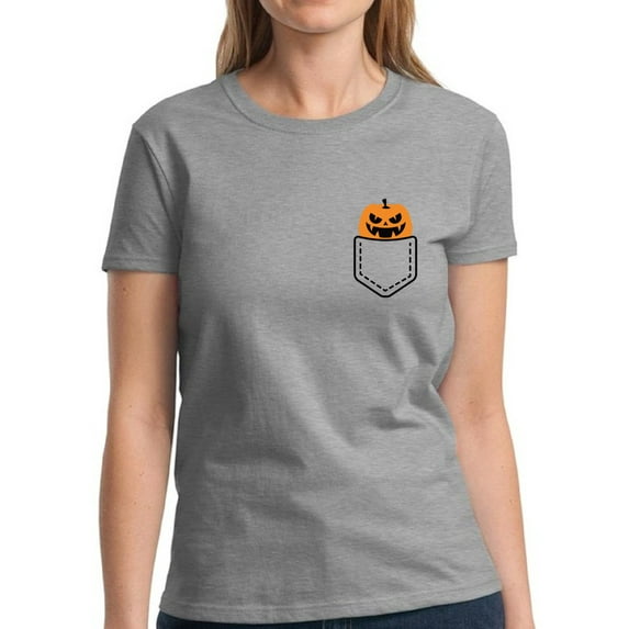Scary Pumpkin Pocket Halloween T Shirt for Women - S M L XL 2XL 3XL Graphic Tee - Scary Halloween Outfit Gift Funny Holiday Tee T-Shirt Ladies