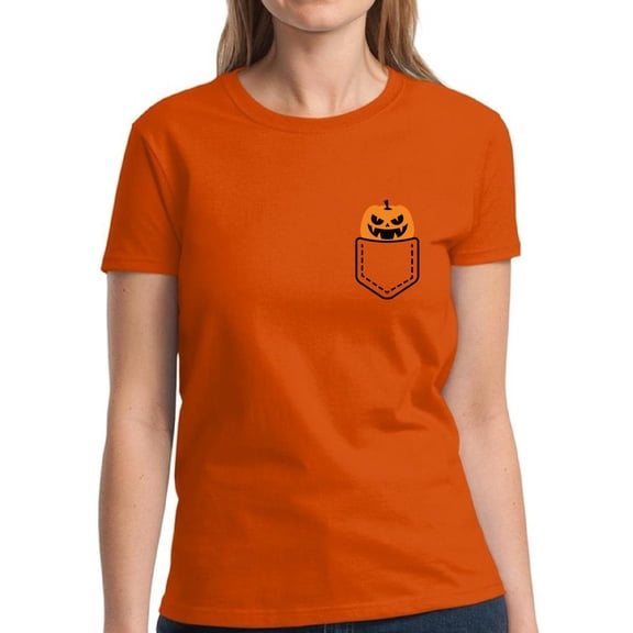 Scary Pumpkin Pocket Halloween T Shirt for Women - S M L XL 2XL 3XL Graphic Tee - Scary Halloween Outfit Gift Funny Holiday Tee T-Shirt Ladies