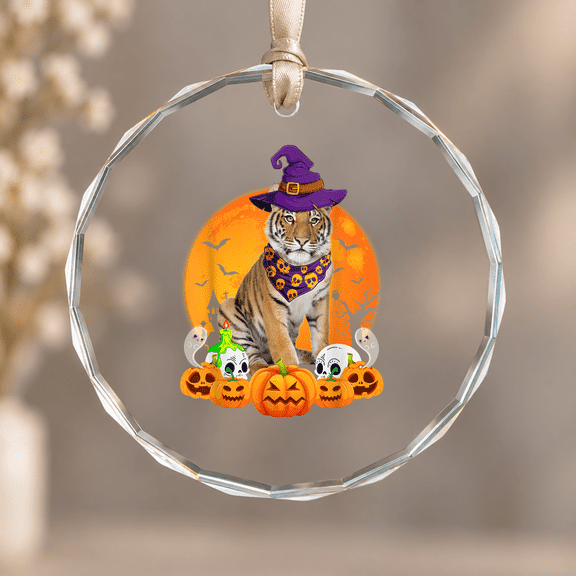 Scary Pumpkin Skull Ghost Boo Witch Bengal Tiger Halloween Christmas Ornament, Spooky Holiday Decor, Circle Glass Ornament