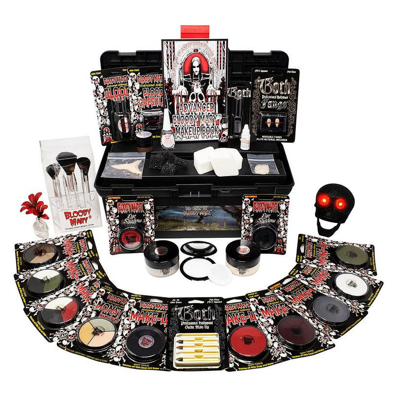 Zombie Makeup Kit By Bloody Mary - Halloween Costume Special Effects  Palette - Walking Dead FX Makeup Tools - 5 Crayons, Blood, Setting Powder,  4 Application Brushes, 1 Sponge - Carrying Case Included 