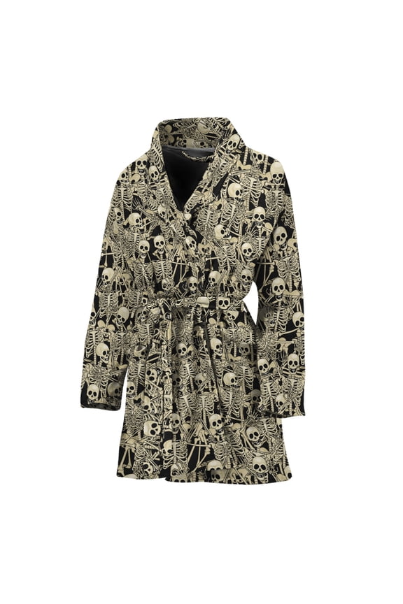 Scary Skeleton Pattern Women Bathrobe One Size Univeral Fits, Skeleton Fashion Lightweight Plush Fleece Long Robe For Women