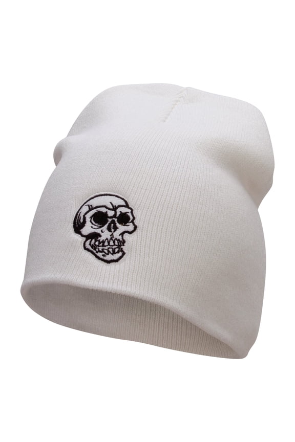 Scary Skull Embroidered 8 inch Acrylic Short Blank Beanie - White OSFM