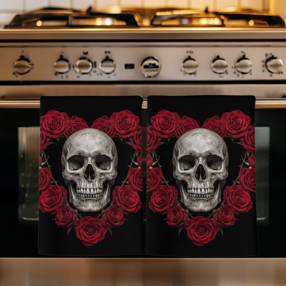 Scary Skulls Kitchen Towels Set of 1, Horror White Skeleton Red Rose Love Heart Absorbent Dish Towels for Kitchen, Microfiber Hand Towel, Quick Drying Tea Towel for Cleaning Decorative Dishcloths