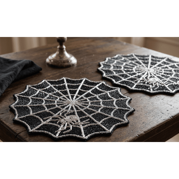 Scary Spider Web Placemats, Set of 4 Handmade Placemats, Beaded Halloween Tablemats 13X13 Inch