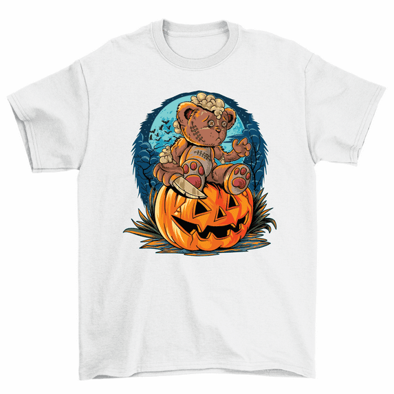 Scary Teddy Bear On Pumpkin With Knife Halloween T-Shirt Men Women