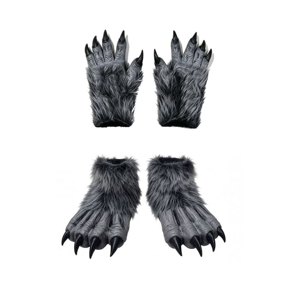 Scary Werewolf Shoes and Gloves,Realistic Wolf Feet and Claws,Halloween Grey Wolf Feet Covers Costume Accessories